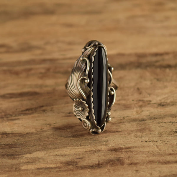 Long Onyx Ring with Floral Detail - Size 10